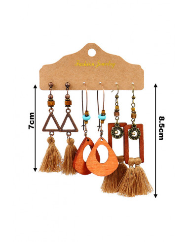 Set de 3 perechi de cercei etnici, figuri geometrice din lemn cu canafi