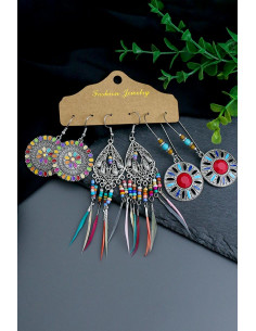 Set de 3 perechi de cercei boho, medalioane cu modele florale, margelute si pene lungi 2