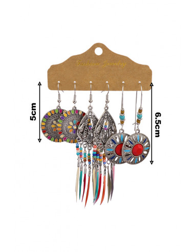 Set de 3 perechi de cercei boho, medalioane cu modele florale, margelute si pene lungi