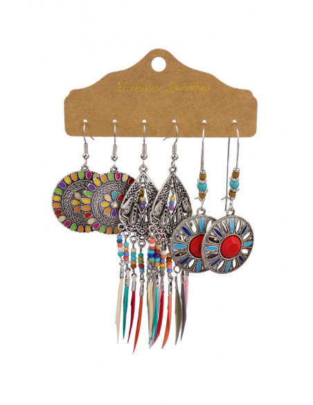 Set de 3 perechi de cercei boho, medalioane cu modele florale, margelute si pene lungi