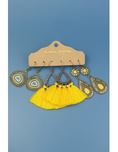 Set de 3 perechi de cercei boho, medalioane picaturi si triunghiuri pictate si canafi 2