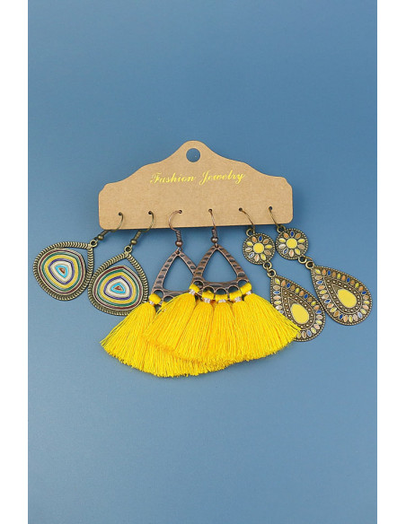 Set de 3 perechi de cercei boho, medalioane picaturi si triunghiuri pictate si canafi
