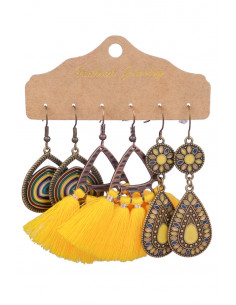 Set de 3 perechi de cercei boho, medalioane picaturi si triunghiuri pictate si canafi