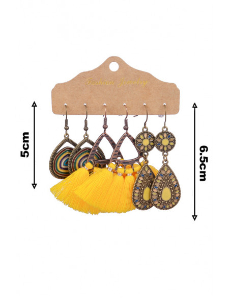 Set de 3 perechi de cercei boho, medalioane picaturi si triunghiuri pictate si canafi