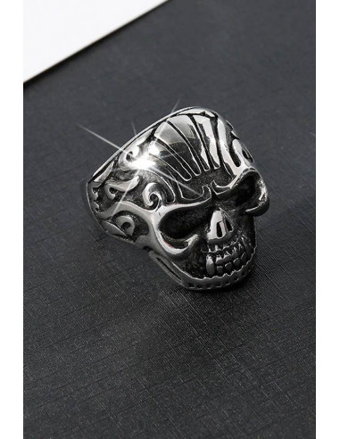 Inel punk masiv, craniu cu motive de inspiratie mayasa