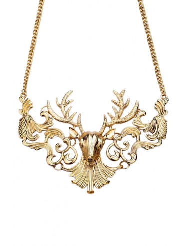 Colier statement din metal patinat, model cu cerb cu coarne mari