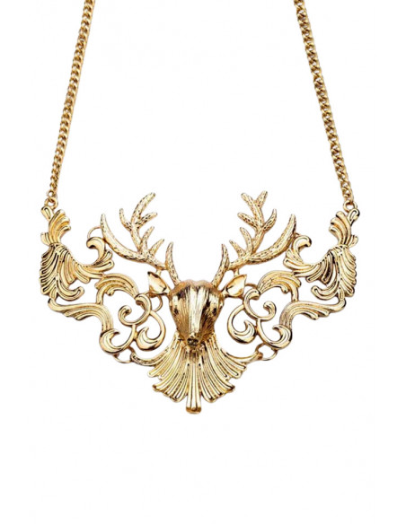 Colier statement din metal patinat, model cu cerb cu coarne mari
