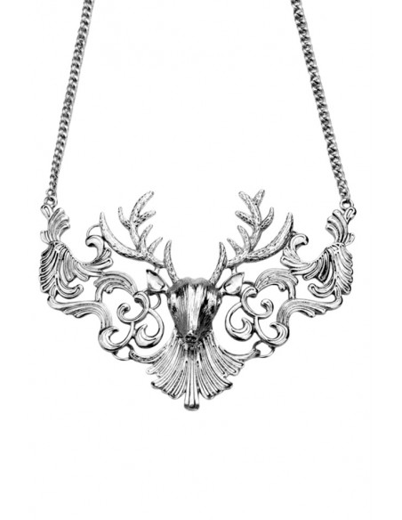 Colier statement din metal patinat, model cu cerb cu coarne mari