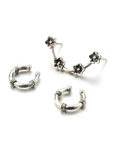 Set cercei si ear cuff, ramura cu floricele si doua verigi