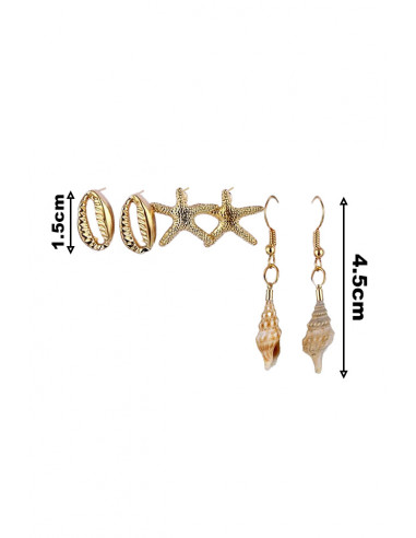Set de 3 perechi de cercei, melci natural, scoici si stele de mare metalice