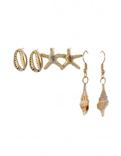 Set de 3 perechi de cercei, melci natural, scoici si stele de mare metalice