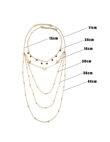 Colier minimal multilayer cu 5 lantisoare subtiri, stelute, bilute metalice si margelute negre
