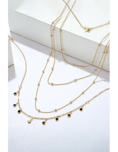 Colier minimal multilayer cu 5 lantisoare subtiri, stelute, bilute metalice si margelute negre