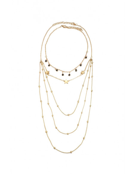 Colier minimal multilayer cu 5 lantisoare subtiri, stelute, bilute metalice si margelute negre