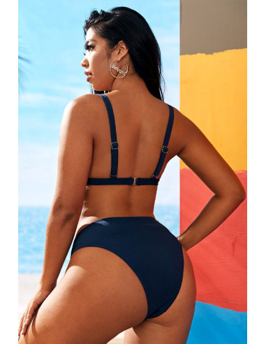 Costum de baie doua piese, marimi mari, din ribbed jersey, cu inele metalice