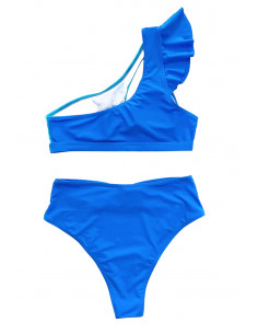 Costum de baie doua piese, asimetric, cu volan pe umar si cordon cu inel 2