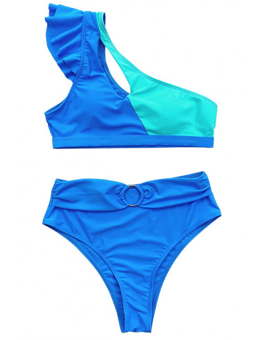 Costum de baie doua piese, asimetric, cu volan pe umar si cordon cu inel