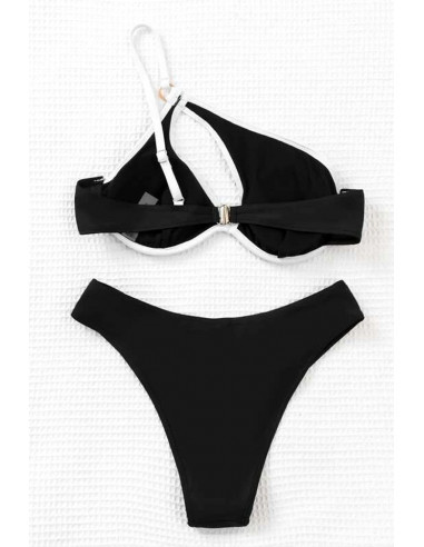 Costum de baie doua piese, asimetric, cu decupaje si contur alb