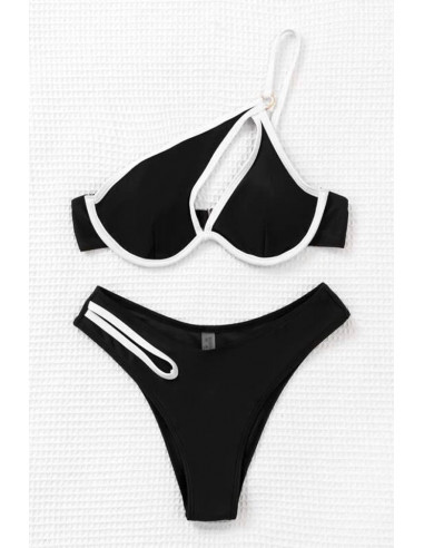 Costum de baie doua piese, asimetric, cu decupaje si contur alb