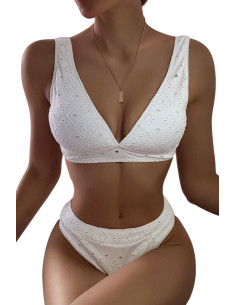 Costum de baie doua piese, lycra perforat, bustiera cu cupe triunghiulare,