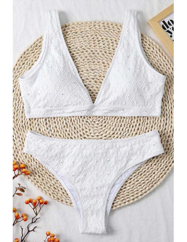 Costum de baie doua piese, lycra perforat, bustiera cu cupe triunghiulare,