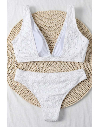 Costum de baie doua piese, lycra perforat, bustiera cu cupe triunghiulare,