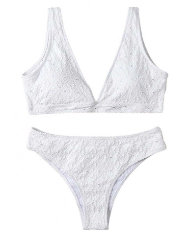 Costum de baie doua piese, lycra perforat, bustiera cu cupe triunghiulare,