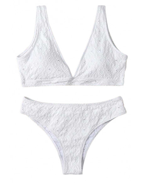 Costum de baie doua piese, lycra perforat, bustiera cu cupe triunghiulare,