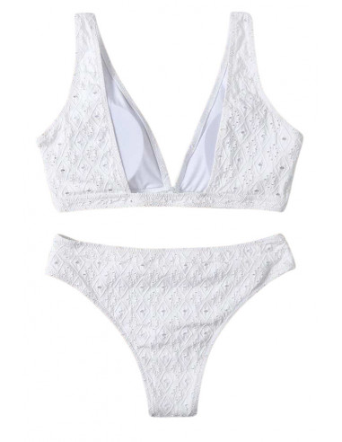 Costum de baie doua piese, lycra perforat, bustiera cu cupe triunghiulare,