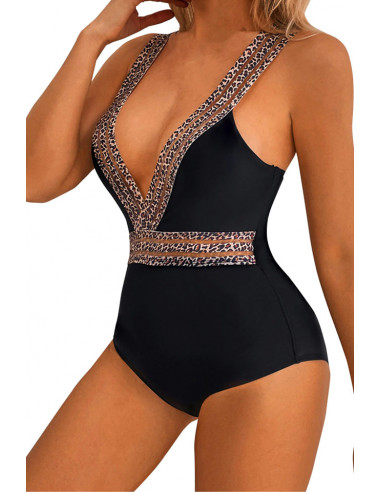 Costum de baie intreg, decolteu adanc, cu benzi elastice semitransparente leopard