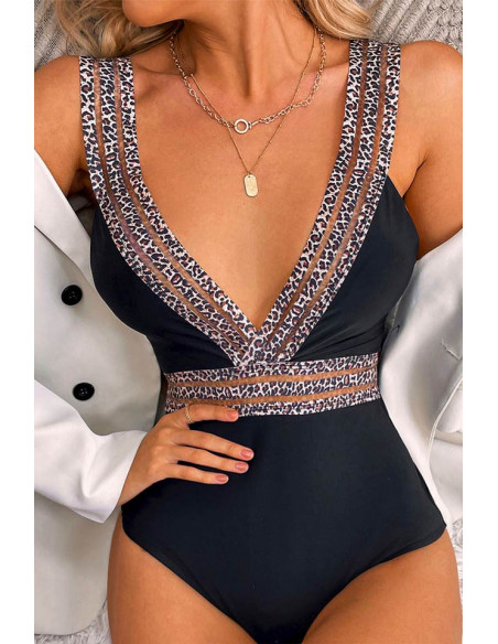 Costum de baie intreg, decolteu adanc, cu benzi elastice semitransparente leopard