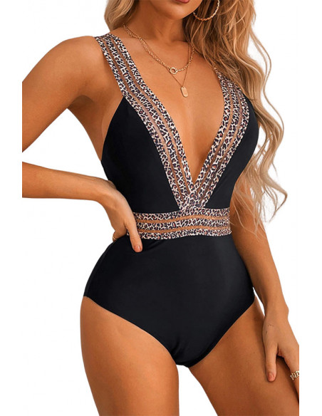 Costum de baie intreg, decolteu adanc, cu benzi elastice semitransparente leopard
