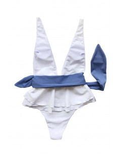 Costum de baie intreg, decolteu adanc, cordon in talie si volan dublu 2