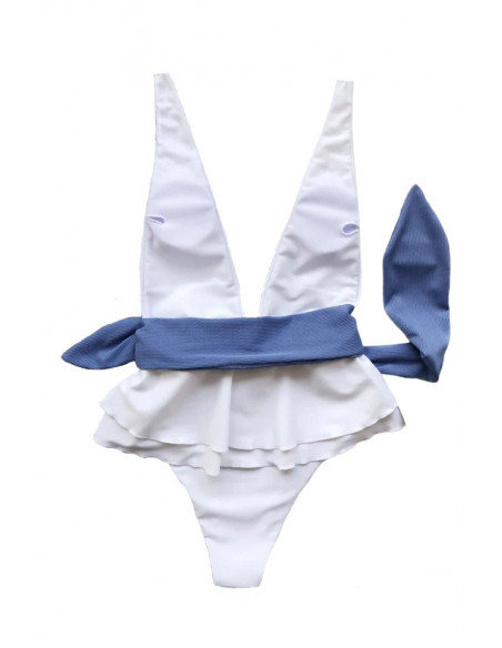 Costum de baie intreg, decolteu adanc, cordon in talie si volan dublu