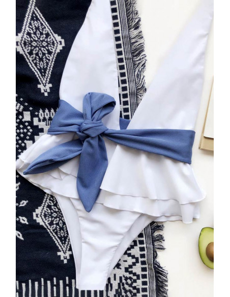 Costum de baie intreg, decolteu adanc, cordon in talie si volan dublu