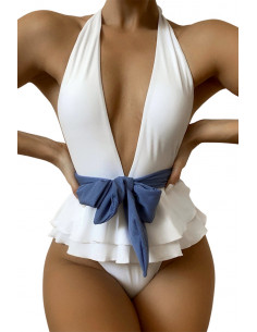 Costum de baie intreg, decolteu adanc, cordon in talie si volan dublu