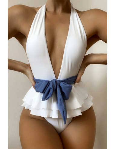 Costum de baie intreg, decolteu adanc, cordon in talie si volan dublu