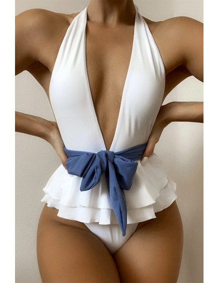 Costum de baie intreg, decolteu adanc, cordon in talie si volan dublu