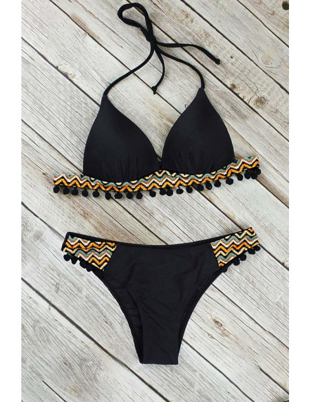 Costum de baie doua piese, boho chic, cu benzi colorate si ciucurasi