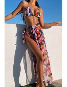 Costum de baie trei piese, cupe triunghiulare, slip ingust si pareo 2