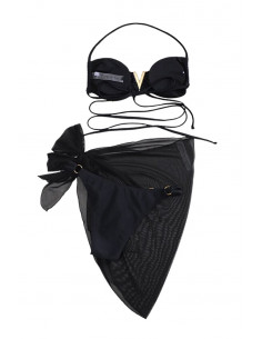 Costum de baie trei piese, sutien tip balconette, cu V metalic, slip cu inele si pareo 2