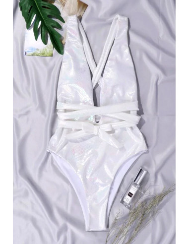 Costum de baie intreg, imprimeu sarpe sidefiu, decolteu adanc, cordon in talie