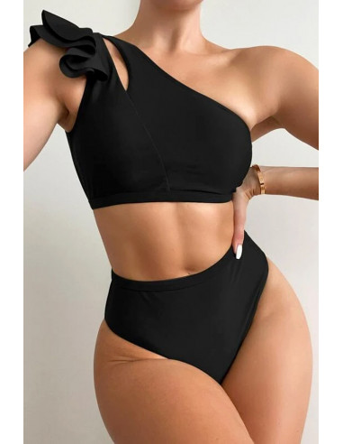 Costum de baie doua piese, asimetric, bustiera cu volan pe umar si slip cu talie inalta