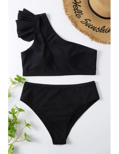 Costum de baie doua piese, asimetric, bustiera cu volan pe umar si slip cu talie inalta
