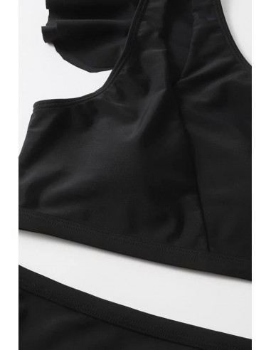 Costum de baie doua piese, asimetric, bustiera cu volan pe umar si slip cu talie inalta