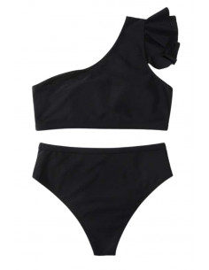 Costum de baie doua piese, asimetric, bustiera cu volan pe umar si slip cu talie inalta 2
