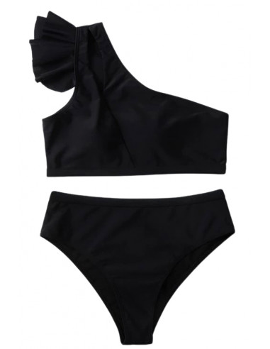 Costum de baie doua piese, asimetric, bustiera cu volan pe umar si slip cu talie inalta