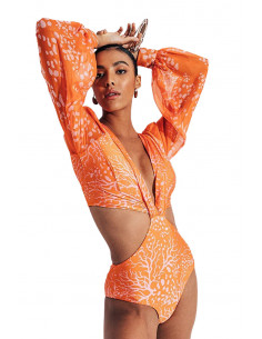 Costum de baie intreg, maneci lungi, decolteu in V si laterale decupate