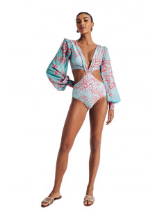 Costum de baie intreg, imprimeu corali, maneci lungi, si laterale decupate 2