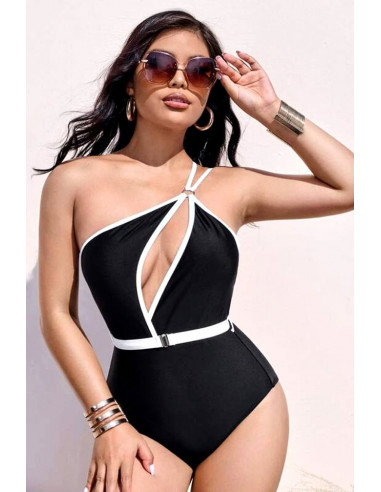 Costum de baie intreg, asimetric, decolteu adanc, contur contrastant si curea